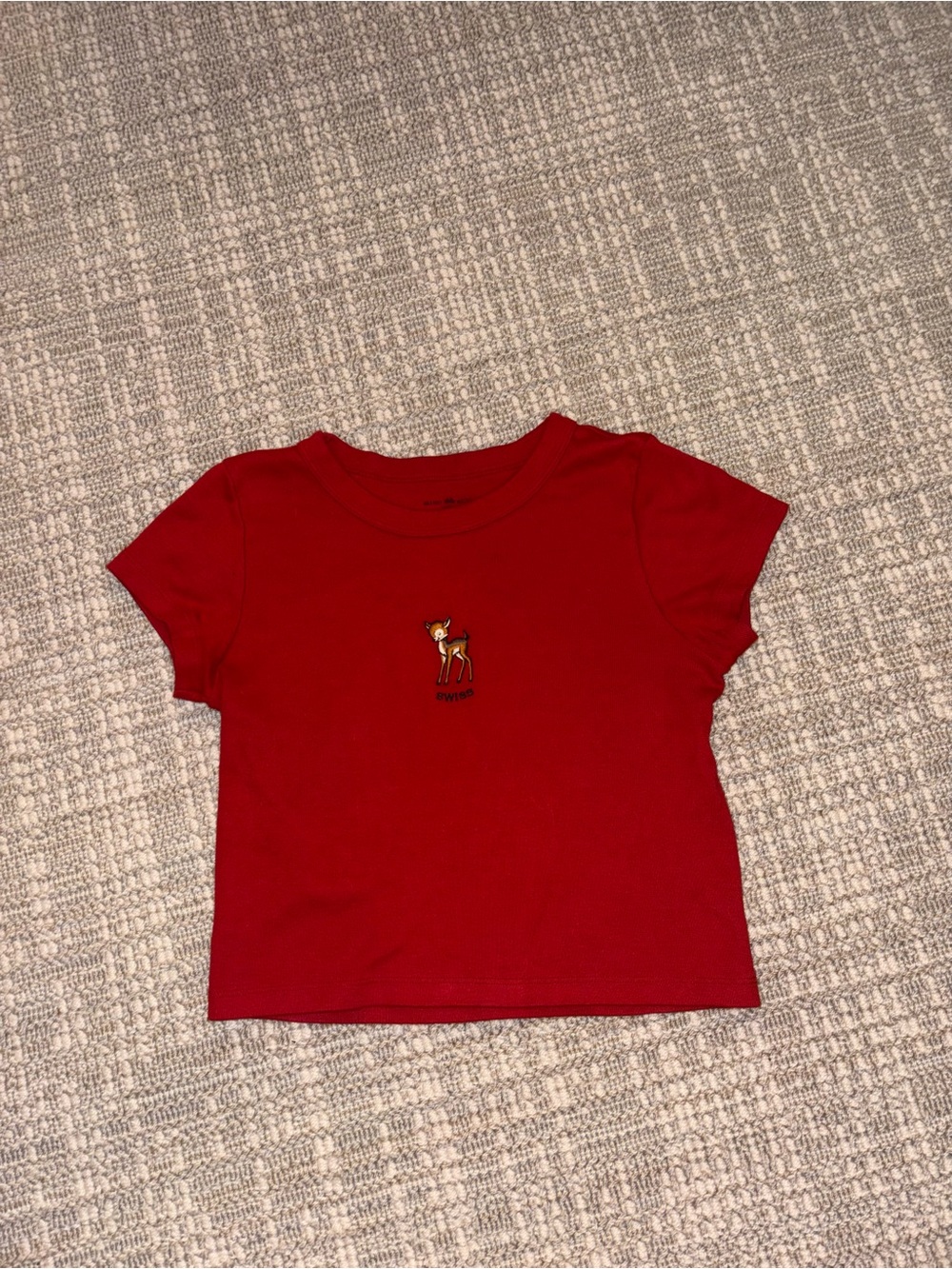 Brandy Melville Red Short Sleeve Tee with Deer Embroidery